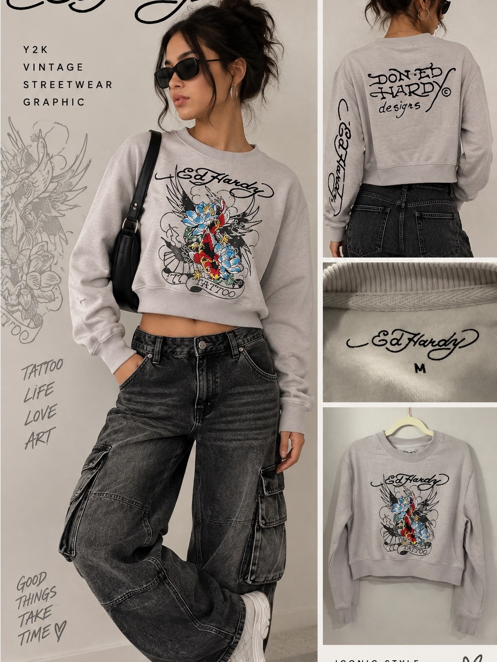 Ed Hardy Gray Cropped Tattoo Graphic Sweatshirt